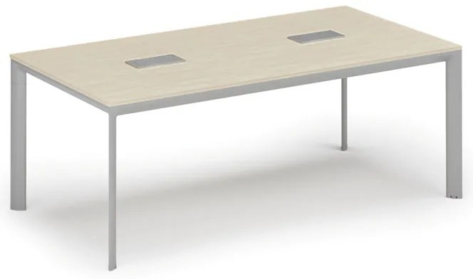 Rokovací stôl PRIMO INVITATION, 200x100 cm, breza + 2x stolná zásuvka TYP I, strieborná