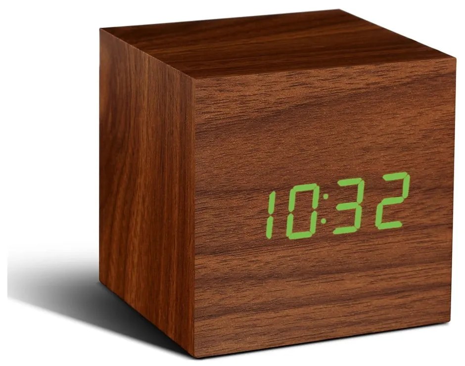 Tmavohnedý budík so zeleným LED displejom Gingko Cube Click Clock