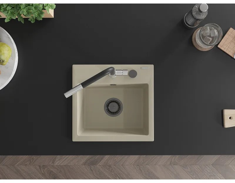 Mexen Milo, 1-komorový granitový drez 435x410x171 mm a drezová batéria Flora, béžová, 6505-69-670401-07-B