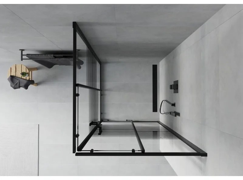 Mexen Rio, štvorcový sprchovací kút s posuvnými dverami 80(dvere) x 80(dvere) x 190 cm, 6mm číre sklo s pásikmi, čierny profil, 860-080-080-70-20