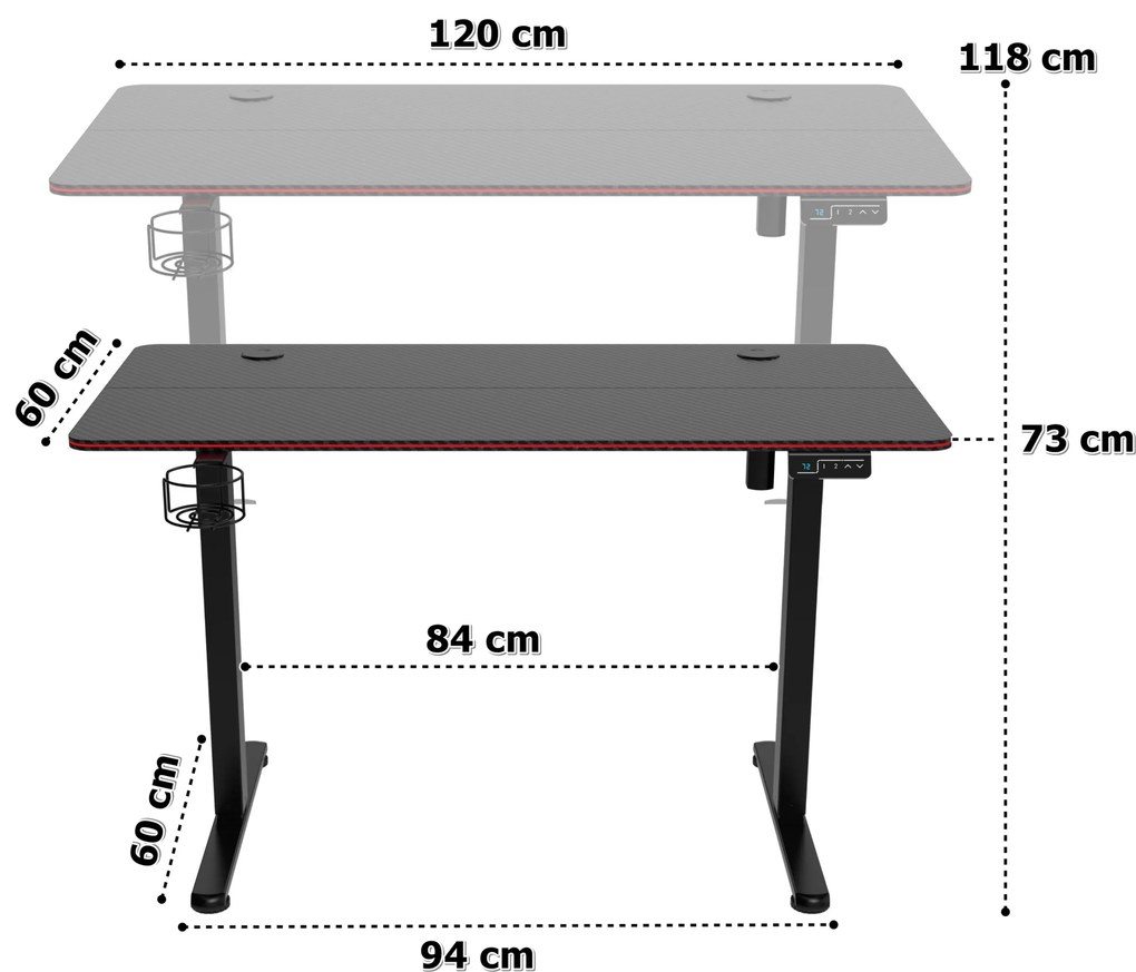 Výškově nastavitelný elektrický herní stůl  SHADOW GAMER 2.0 LED RGB 120 cm černý