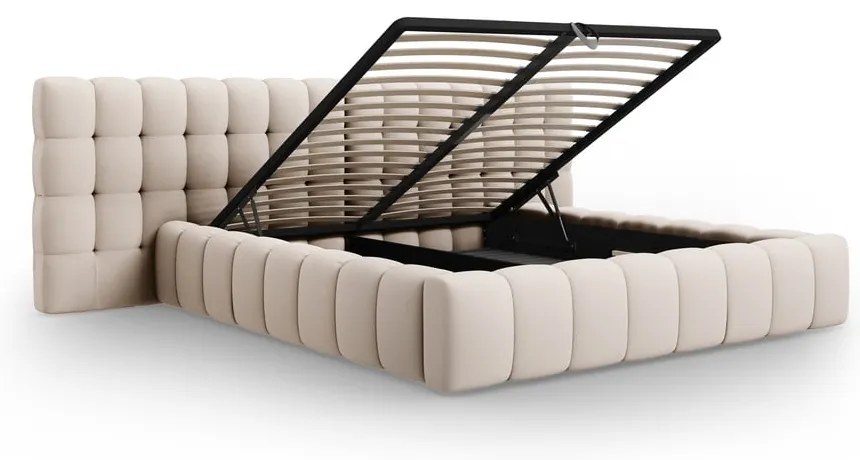 Béžová čalúnená dvojlôžková posteľ s úložným priestorom a roštom 180x200 cm Mamaia – Micadoni Home