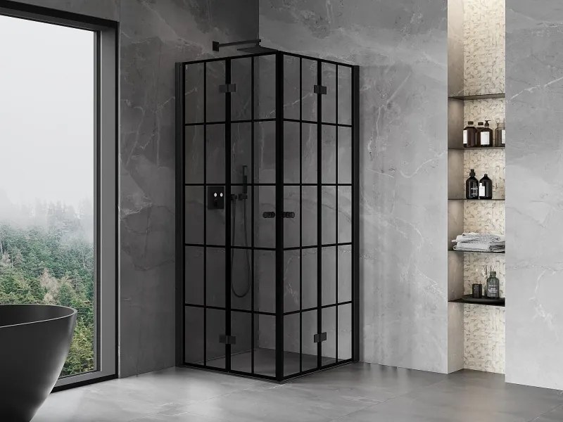 Mexen Mist-F Duo, skladací sprchový kút 75 x 75 cm, číre sklo-čierna mriežka, 8A6-075L-075P-70-77