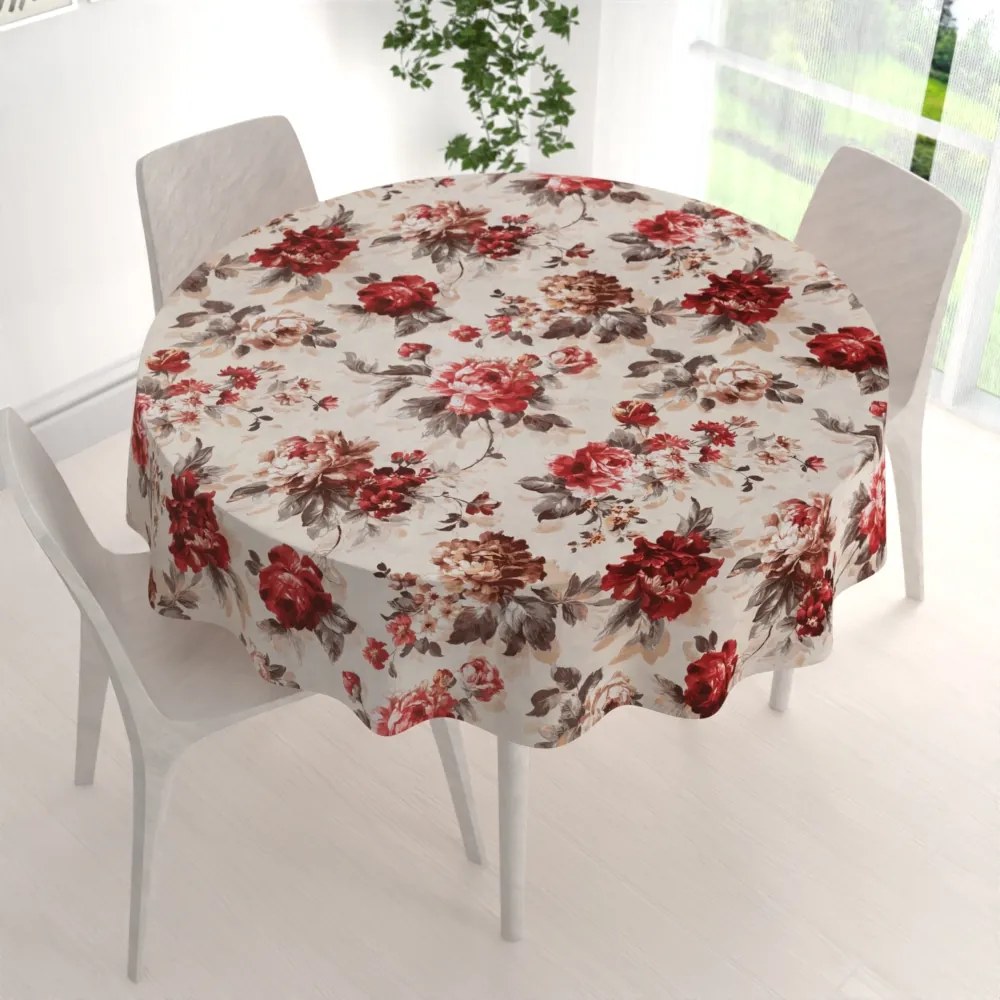 Biante Bavlnený okrúhly obrus Sandra SA-399 Červené pivonky na pieskovom Ø 80 cm