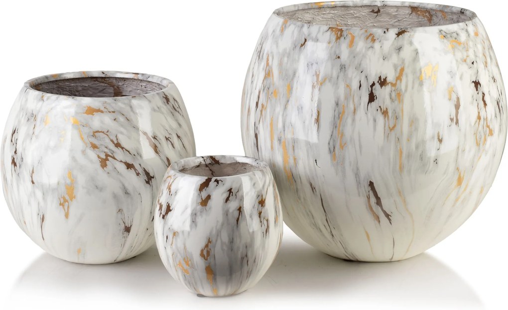 Sada 3 ks keramických květináčů NEVA MARBLE XI černá/bílá