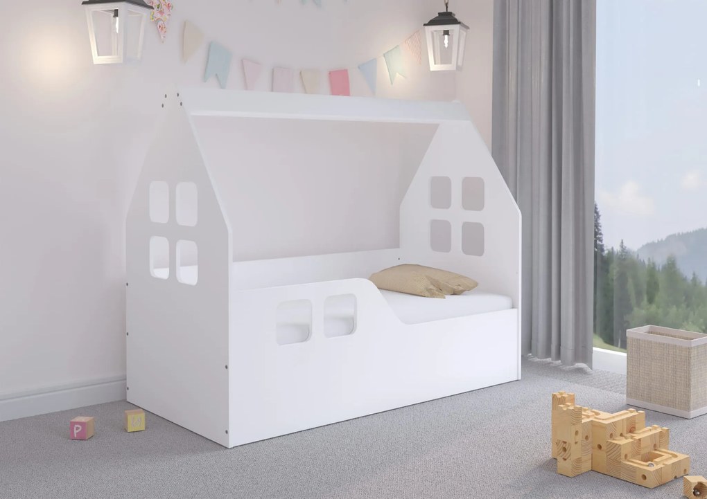 MAXMAX Detská domčeková posteľ KIDHOUSE - biela - ľavá - 140x70 cm + matrac