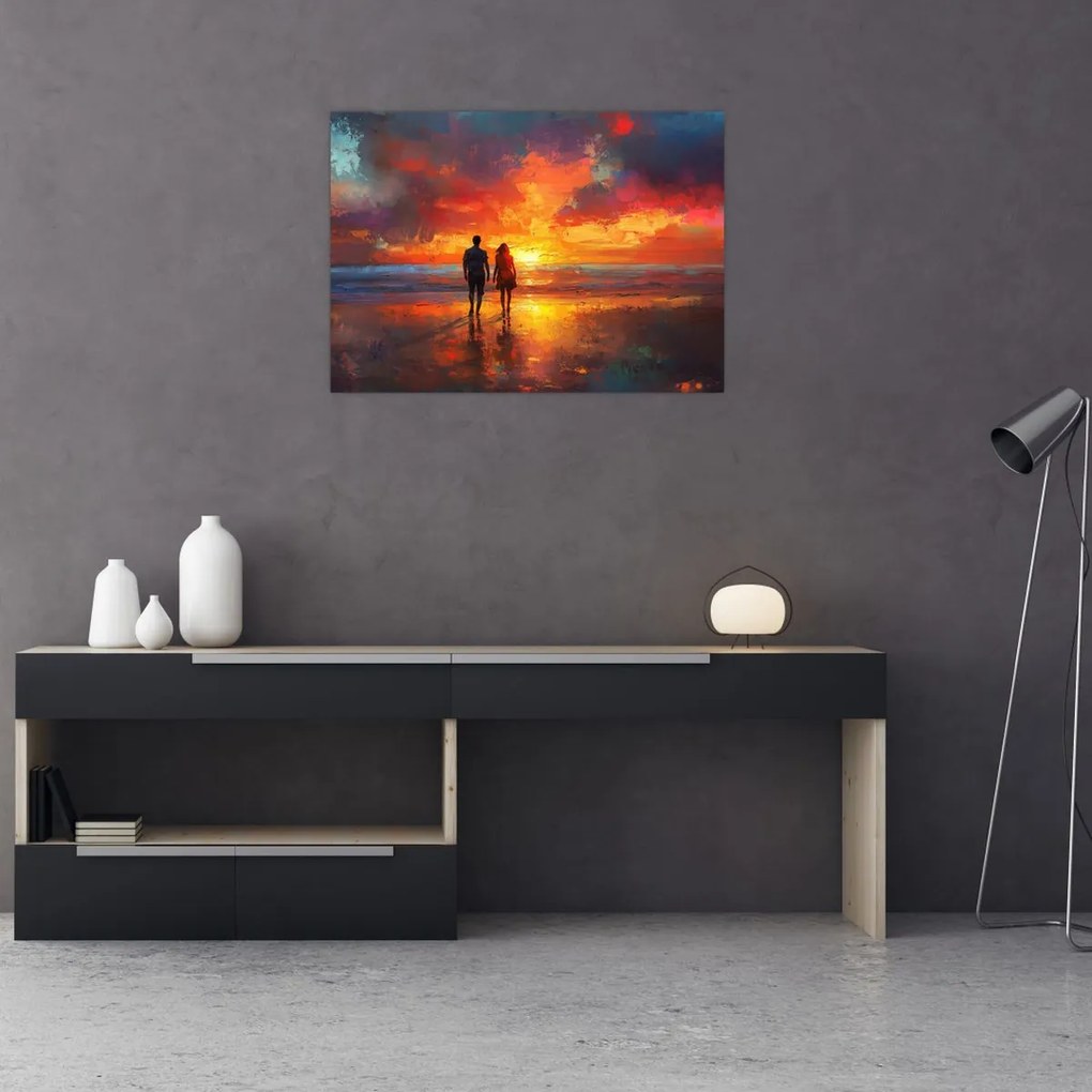 Sklenený obraz - Prechádzka na pláži (70x50 cm)