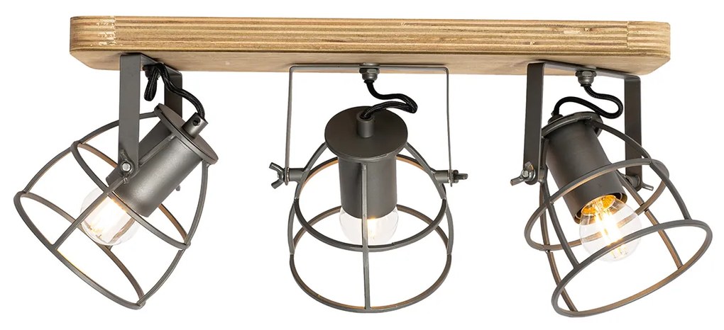 Priemyselné bodové svetlo tmavosivé s dreveným nastaviteľným 3-svetlom - Arthur