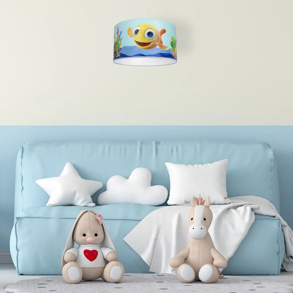 Detské závesné svietidlo Fish, 1x plastové tienidlo so vzorom, bl
