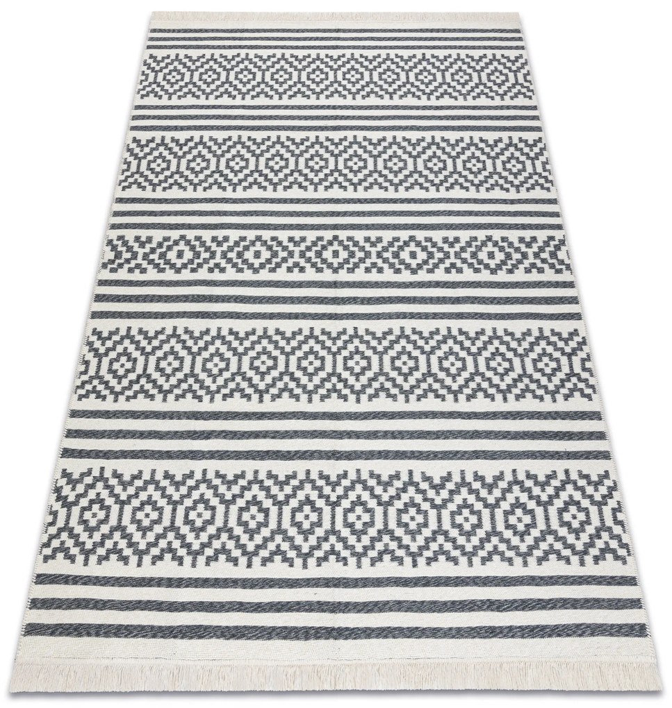 Obojstranný šnúrkový ekologický koberec TWIN 22996 Geometrický vzor, so strapcami, antracit - krémový