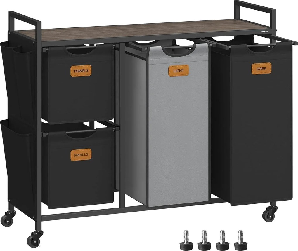 Kôš na bielizeň so 4 priehradkami, 150 l triedič prádla, čierno-sivý