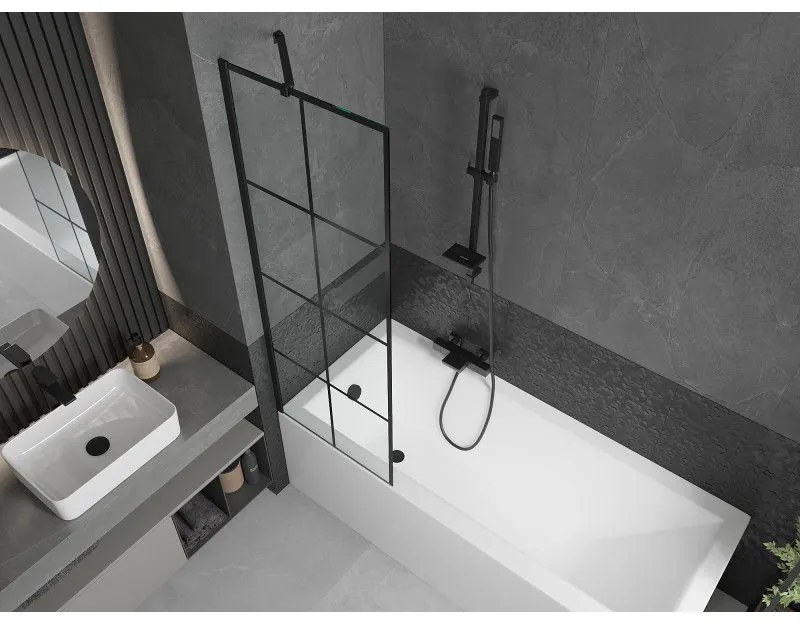 Mexen Next, vaňová zástena 1-krídlová 60 x 150 cm, fixné krídlo, 6 mm číre sklo s čiernym vzorom, čierny profil, 895-060-000-00-77-70