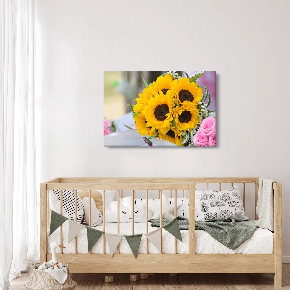 Obraz svadobnej kytice zo slnečníc (90x60 cm)