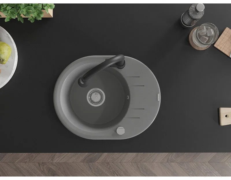 Mexen Kevin, 1-komorový granitový drez 586x458x190 mm a drezová batéria Elia, šedá, 6517-71-670101-70