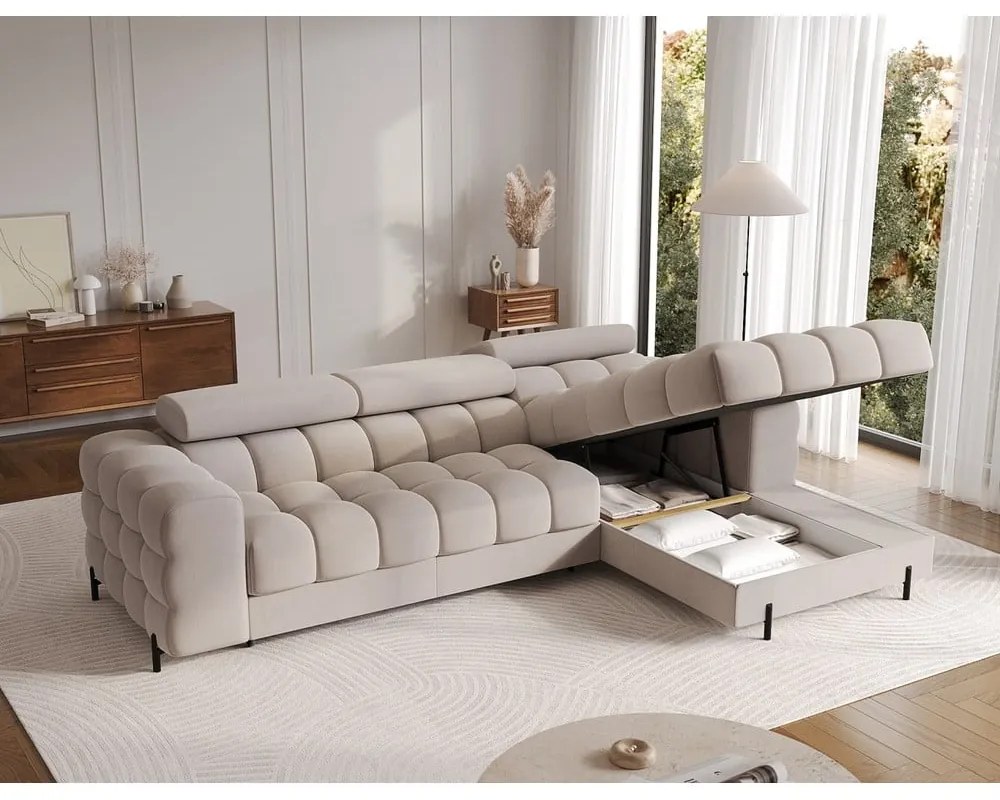 Béžová zamatová rozkladacia/s úložným priestorom rohová pohovka (pravý roh/s leňoškou) Felro – ELTAP