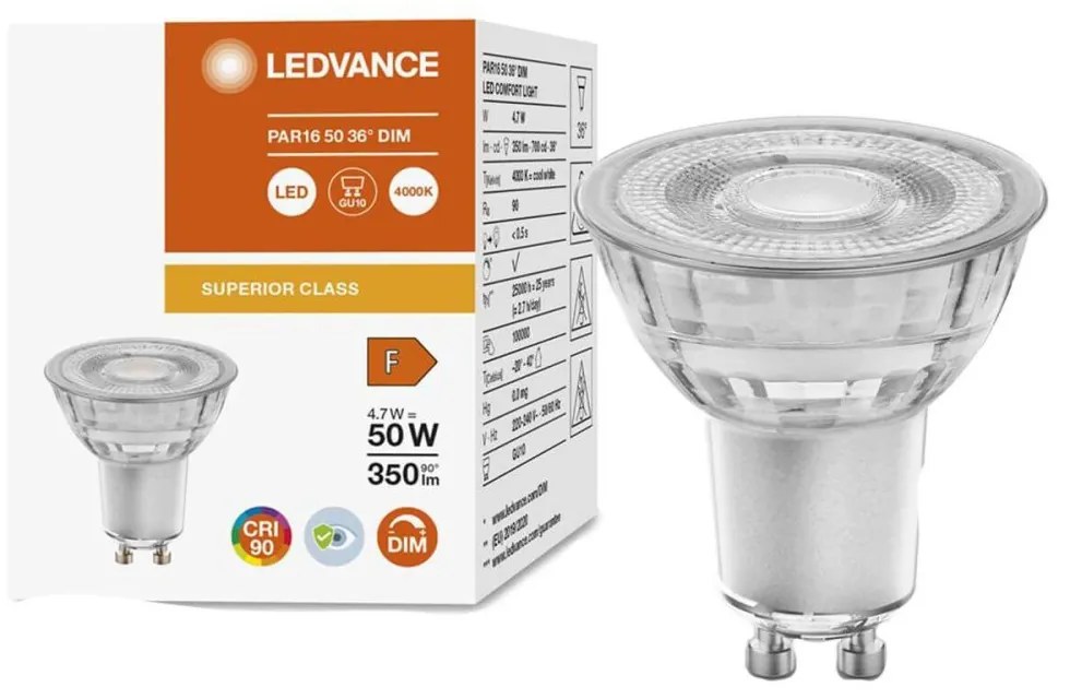 LED GU10 4,7W = 50W 350 lm 4000 lm Neutrálne 36° CRI90 Stmievateľné sklo LEDVANCE Superior