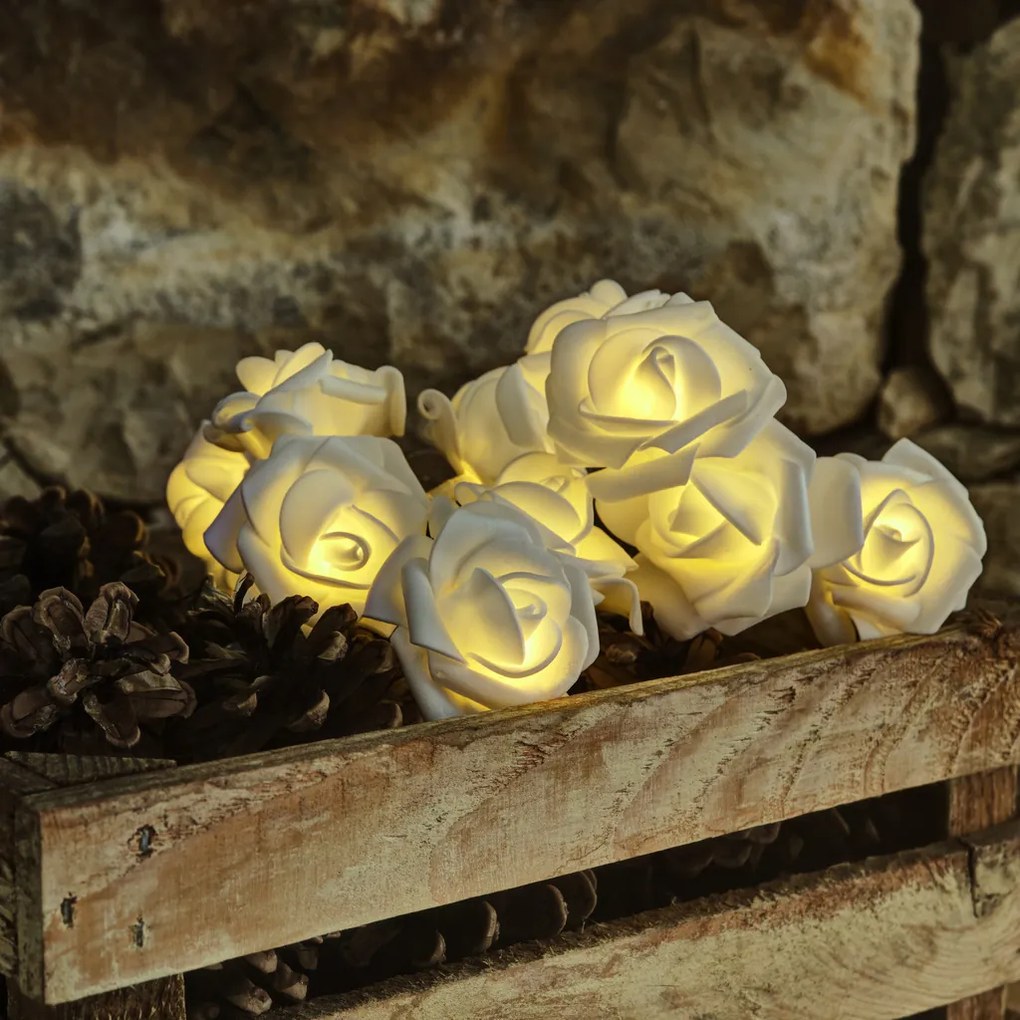 DECOLED Batériové LED svetlá s rozetami 1,8 m, teplá biela, 10 diód, priehľadný kábel IP20 interiér, 2× AA