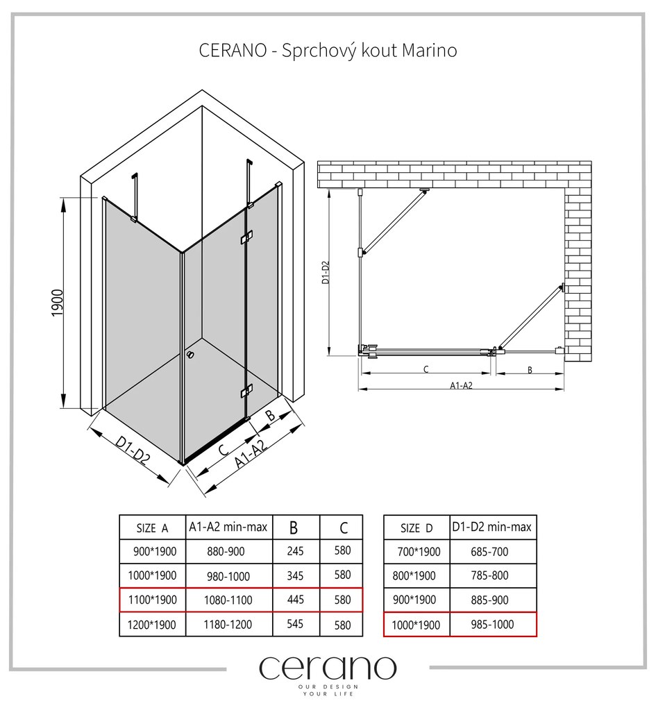 Cerano Marino, sprchovací kút 110(dvere) x 100(stena) x 190 cm, 6mm číre sklo, čierny profil, CER-CER-422892
