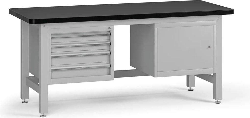 Pracovný stôl do dielne G4 so závesným boxom a skrinkou na náradie, MDF + PVC doska, 4 zásuvky, 1 skrinka, 1800 x 750 x 800 mm, sivá