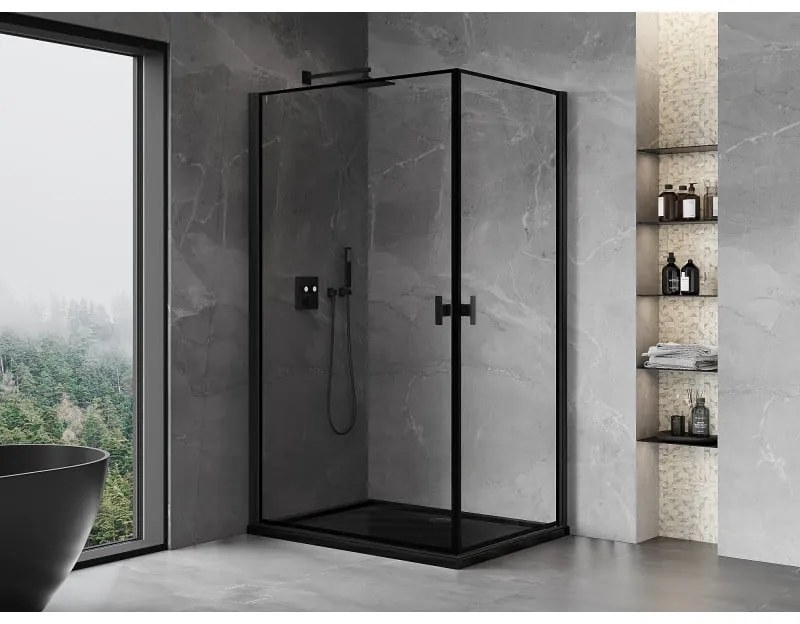 Mexen Mist-B Duo, 2-krídlový výklopný sprchový kút 80 x 90 cm, číre sklo-čierny rám, 8A2-080L-090P-70-70