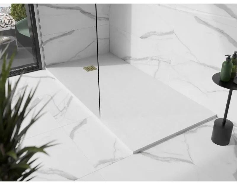 Mexen Stone+, obdĺžniková vanička z minerálneho kompozitu 180 x 70 cm, biela, zlatá lesklá krytka, 44107018-G