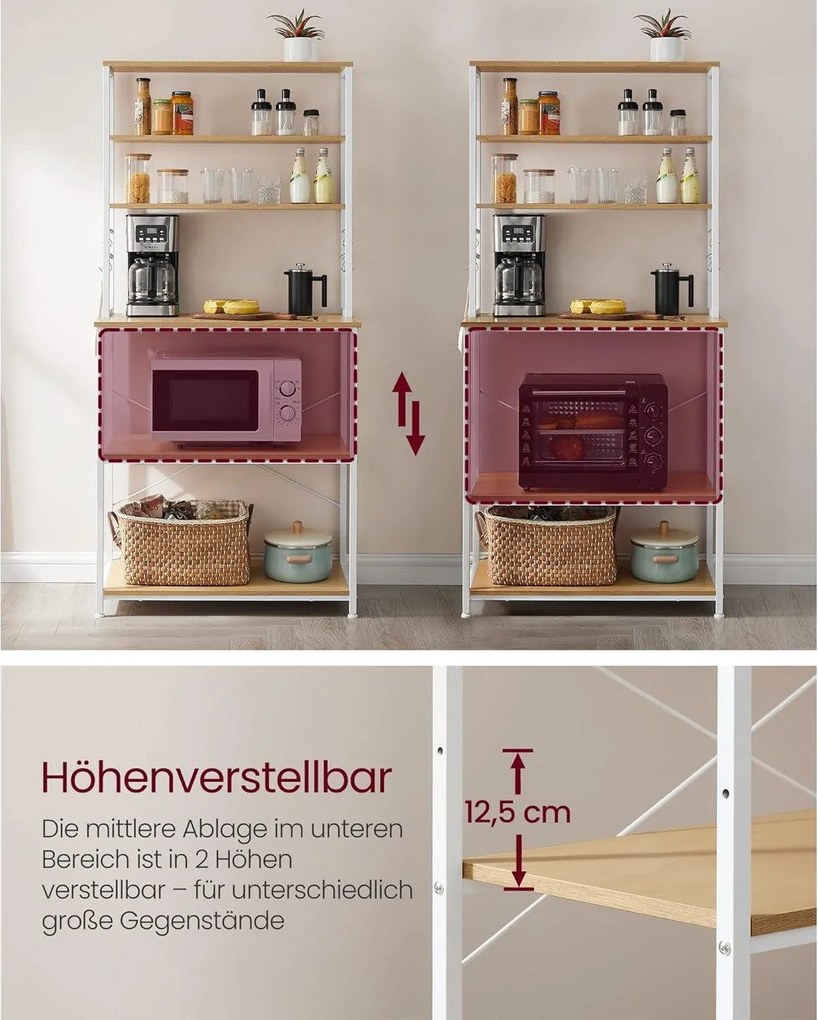 Regál do kuchyne, Stojan na mikrovlnku, 6 políc a 6 hákov, farba dub a biela