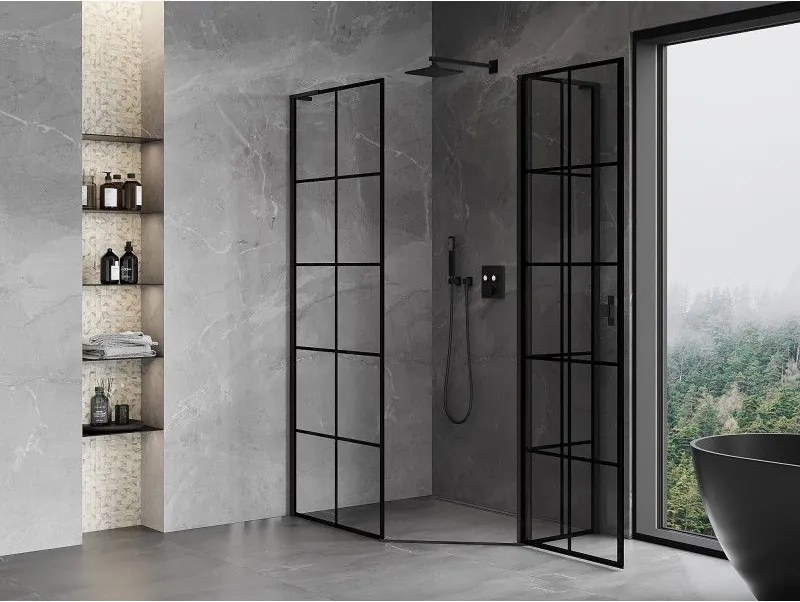 Mexen Mist L, päťuholníkový sprchový kút s krídlovými dverami, 80 x 90 cm, 8mm číre sklo, čierny profil, 8A8L-080-090-70-77-P