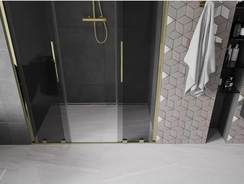 Mexen Velar Duo, posuvné sprchové dvere do otvoru 160 cm, 8mm šedé sklo, zlatá lesklá, 871-160-000-42-50