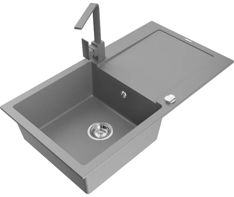 Mexen Leo, drez granitový 900x500x190 mm, 1-komorový, šedý s chrómovým sifónom a šedá drezová batéria Rita, 6501-71-670300-71