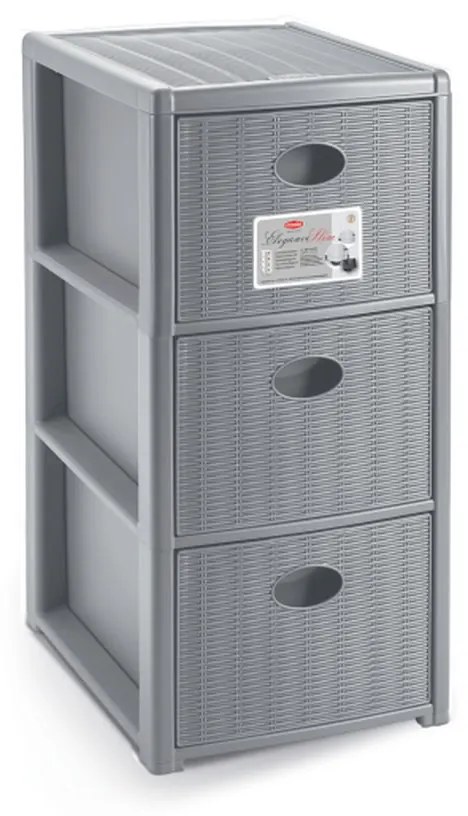 STEFANPLAST Úložný plastový regál Elegance Slim, 3 zásuvky, sivý