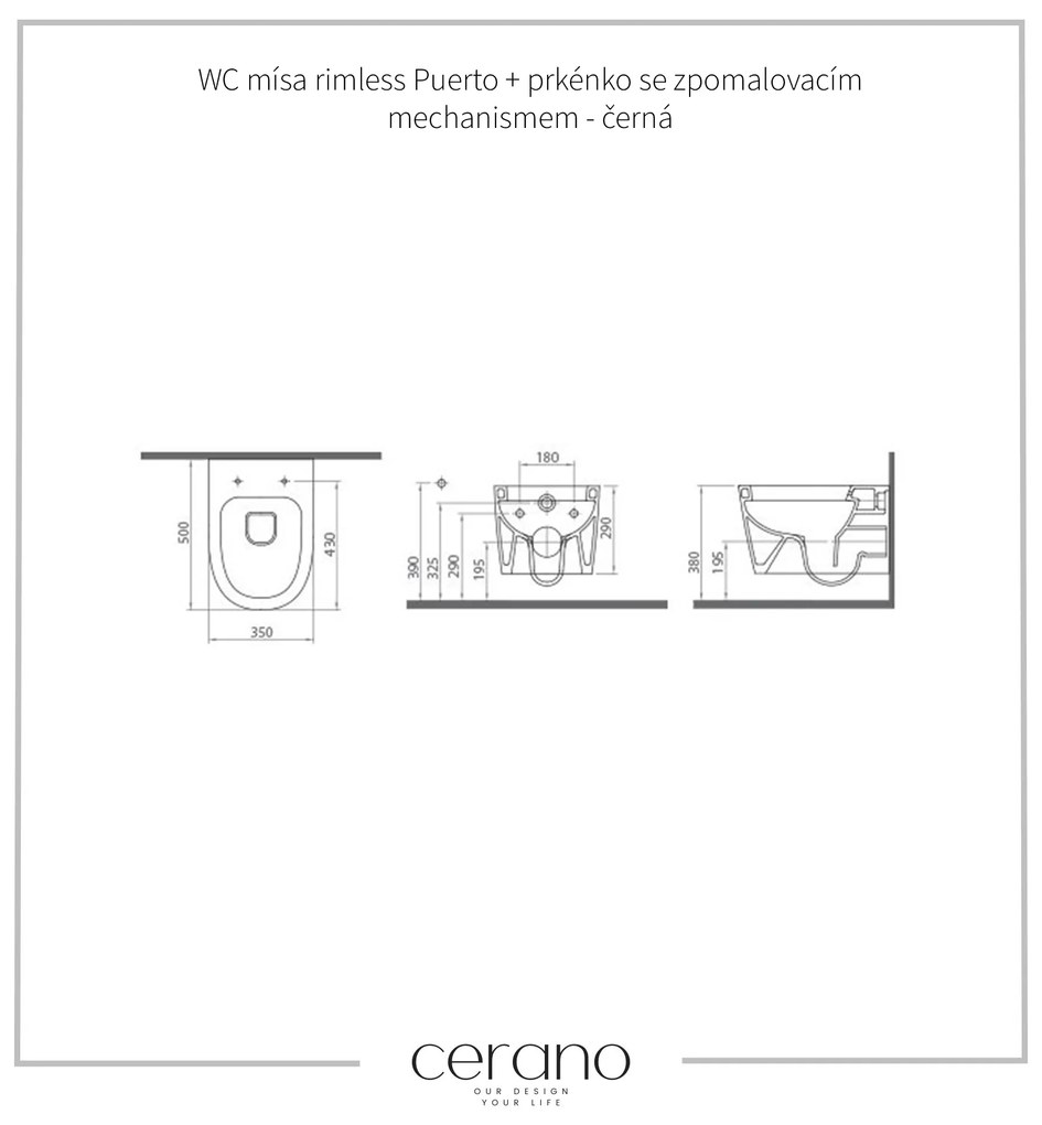 Cerano Puerto, WC misa Rimless 500x350x290 mm + WC doska so spomaľovacím mechanizmom Sedile (čierna lesklá), čierna matná, CER-417854