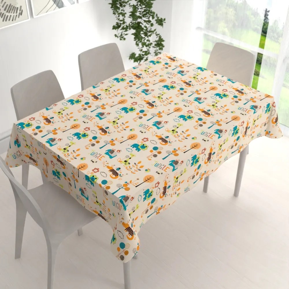 Biante Detský bavlnený obdĺžnikový obrus Sandra SA-008 Tyrkysové a oranžové zvieratká z džungle 80x120 cm