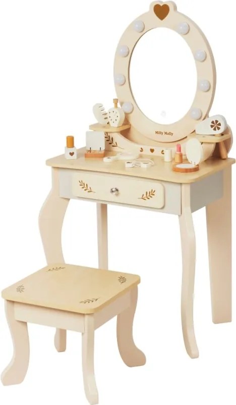 Veľká drevená toaletka ELLY pre deti s LED svetlom a taburetkou natural