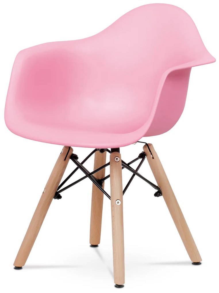 detská stolička, ružový plast, masív buk, čierny kov