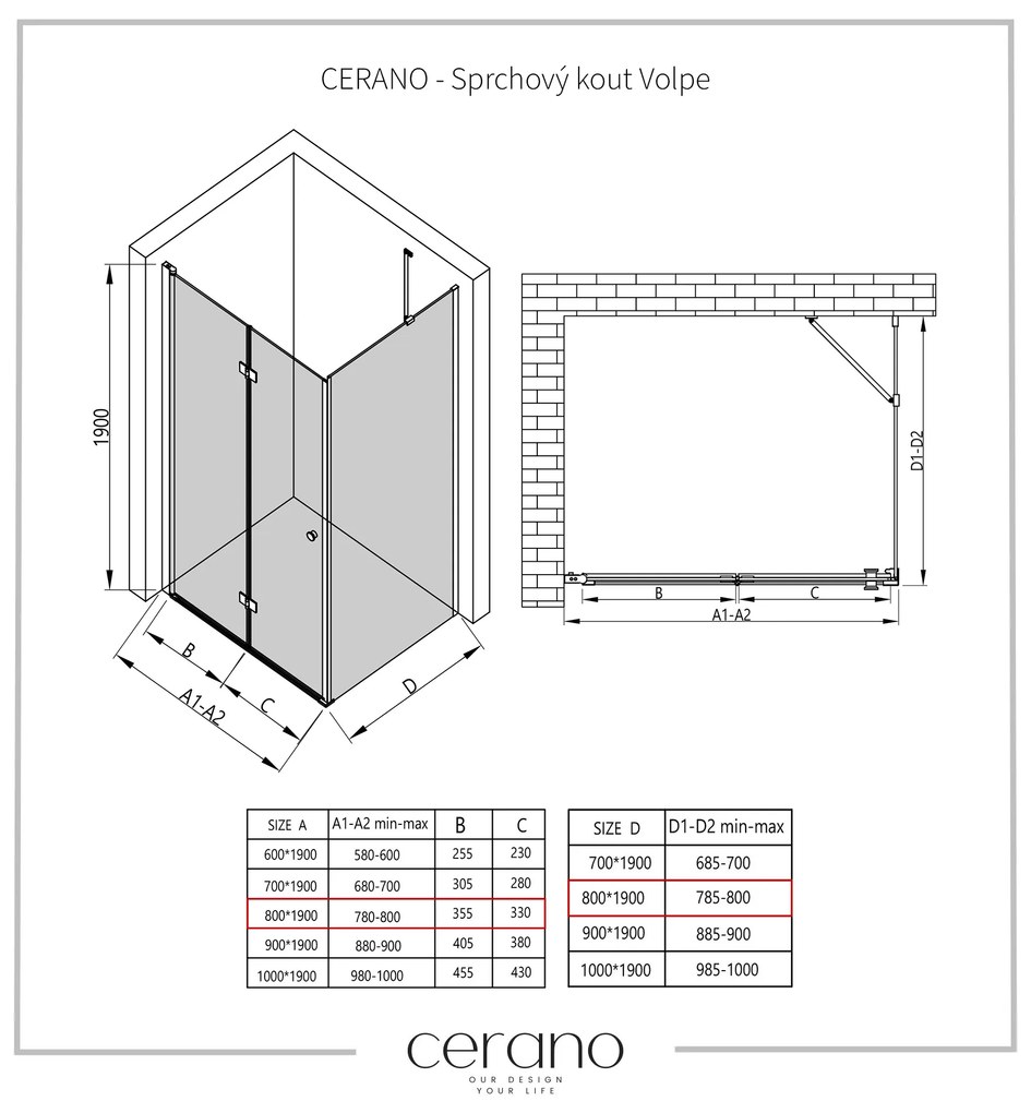 Cerano Volpe, sprchovací kút so skladacími dverami 80(dvere) x 80(stena), 6mm číre sklo, čierny profil, CER-CER-427318