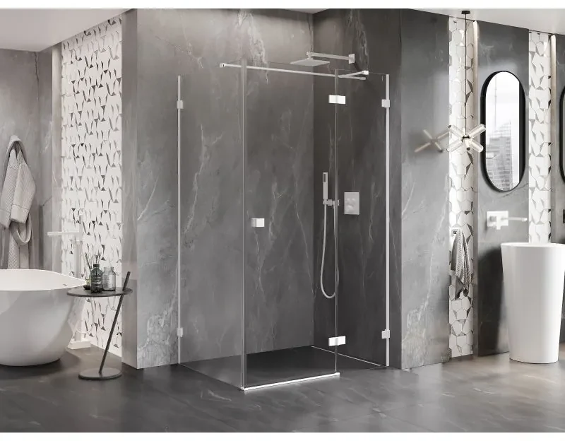 Mexen Lunar T, pravý výklopný sprchový kút 140 x 120 cm, 8mm číre sklo, biely profil, 834T-140-120-20-00-P