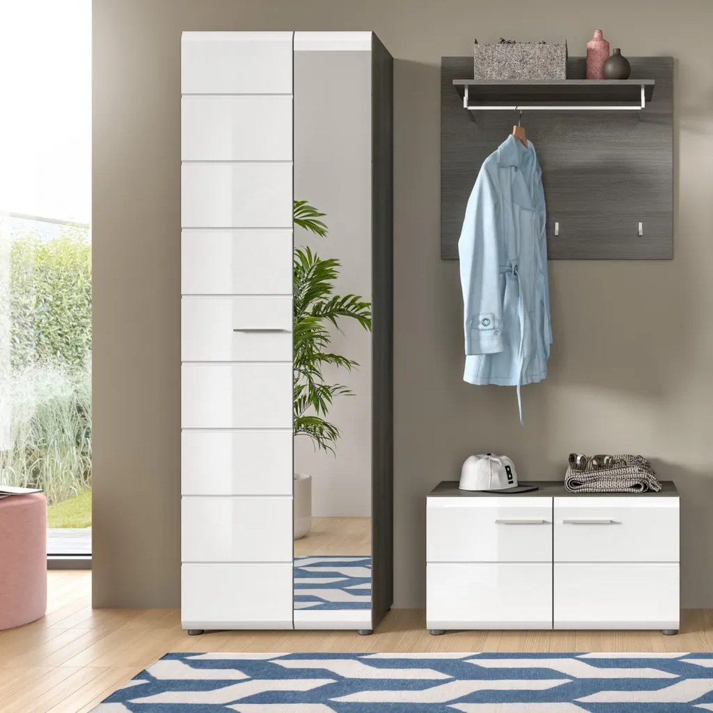 Predsieňová skriňa so zrkadlom Salsa, šedý dub/biely lesk