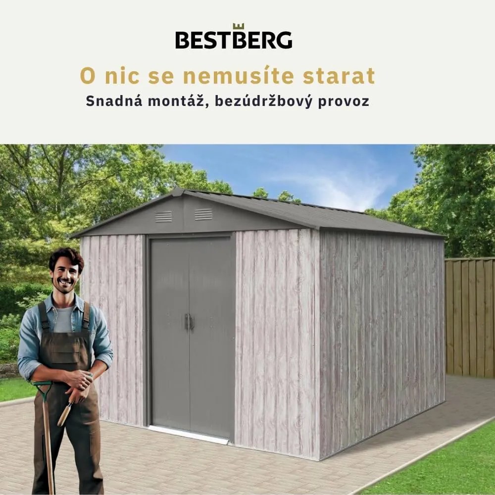 Záhradný domček BestBerg ZDB-7SD / 7,2 m² / 301 x 238 x 214 cm / dekor biele drevo / sivá