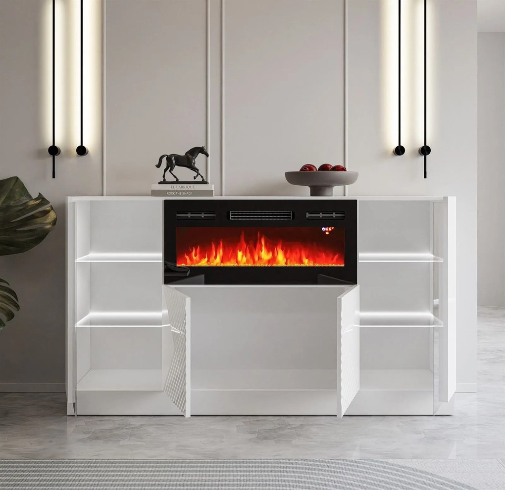 Luxusná komoda SANDRA s elektrickým krbom, biely lesk