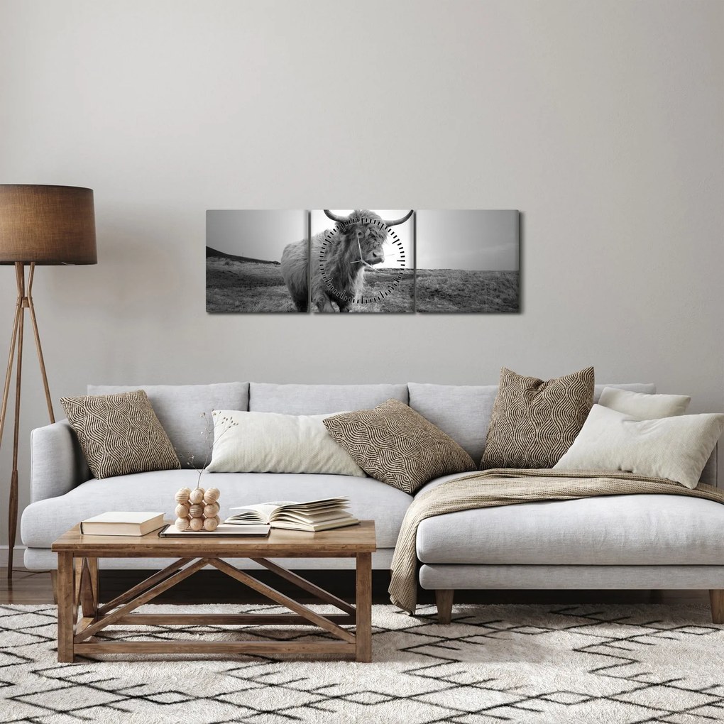 Obraz - Škótska krava, čiernobiela (s hodinami) (90x30 cm)