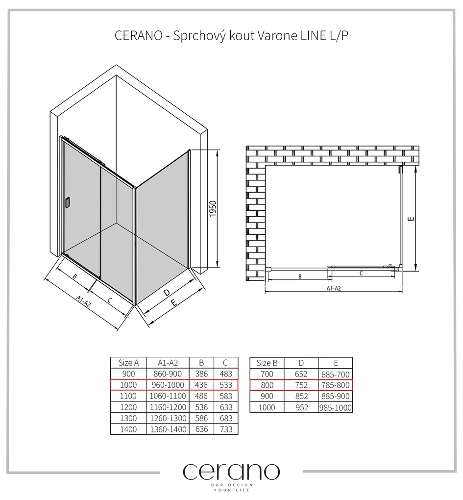 CERANO - Sprchovací kút Varone LINE L/P - čierna matná, transparentné sklo - 100x80 cm - posuvný, CER-CER-DY505B-90102