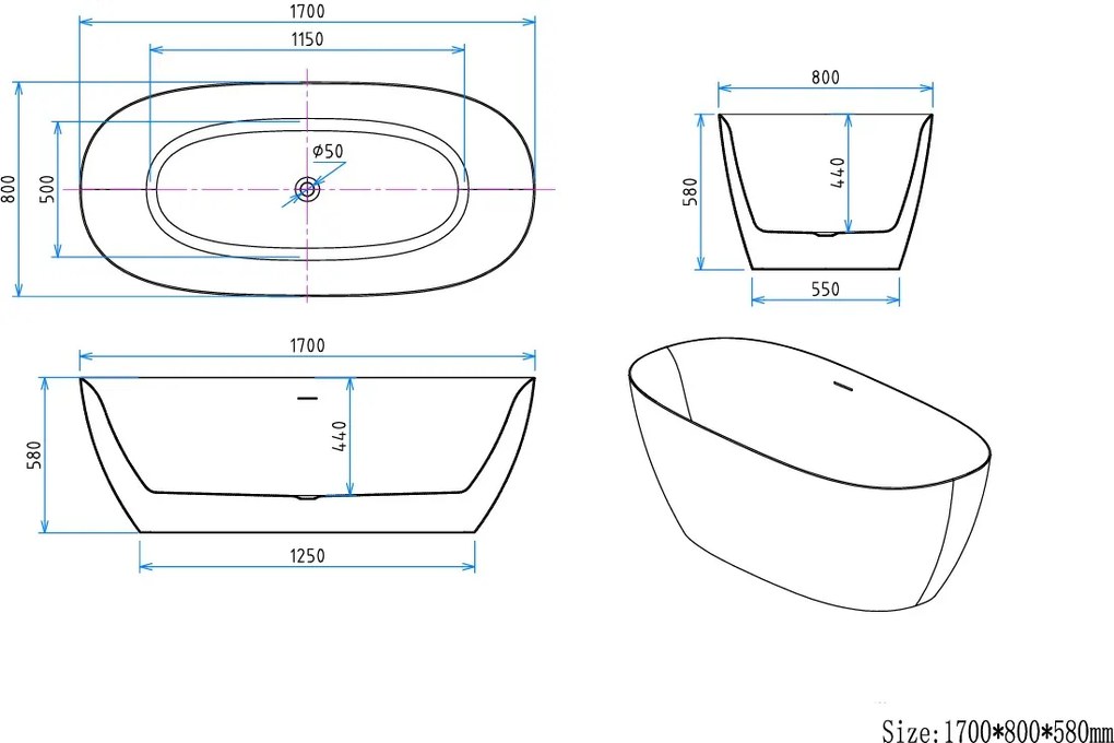 Erga Vienna, voľne stojaca vaňa 170x80 cm + odtoková zátka, biela lesklá, ERG-VIENNA-170080-WH-WH