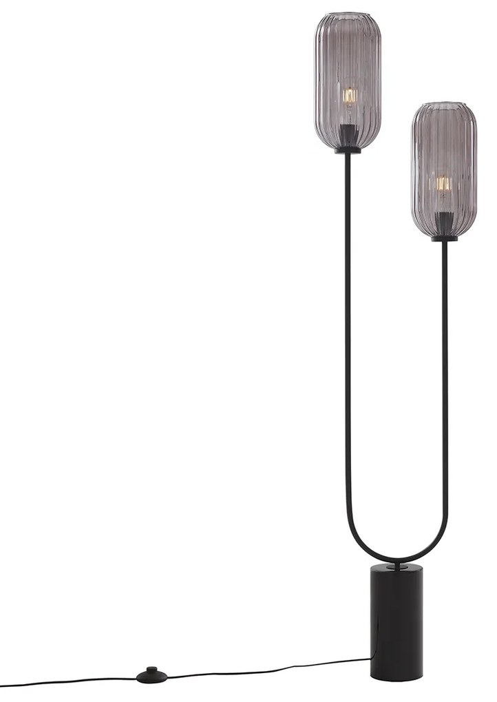 Art Deco stojaca lampa čierna s dymovým sklom 2-svetlo - Rid