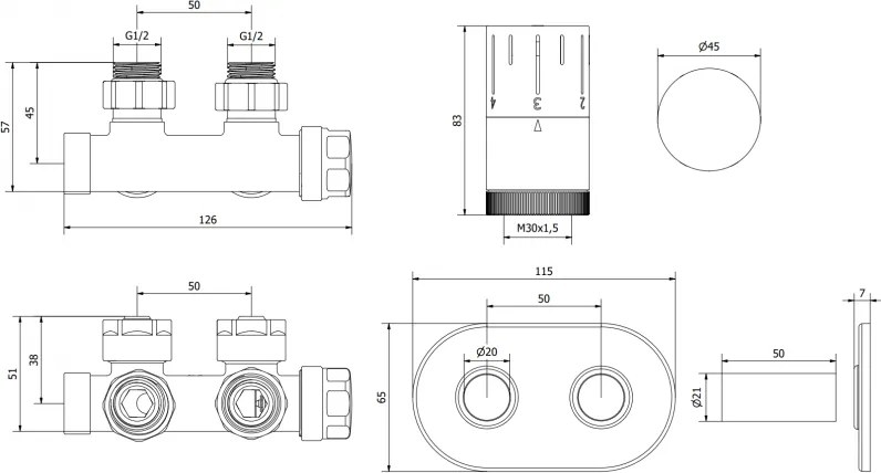Mexen Duplex G05, uhlový termostatický set s okrúhlou krytkou, DN50, biela, W907-958-905-20