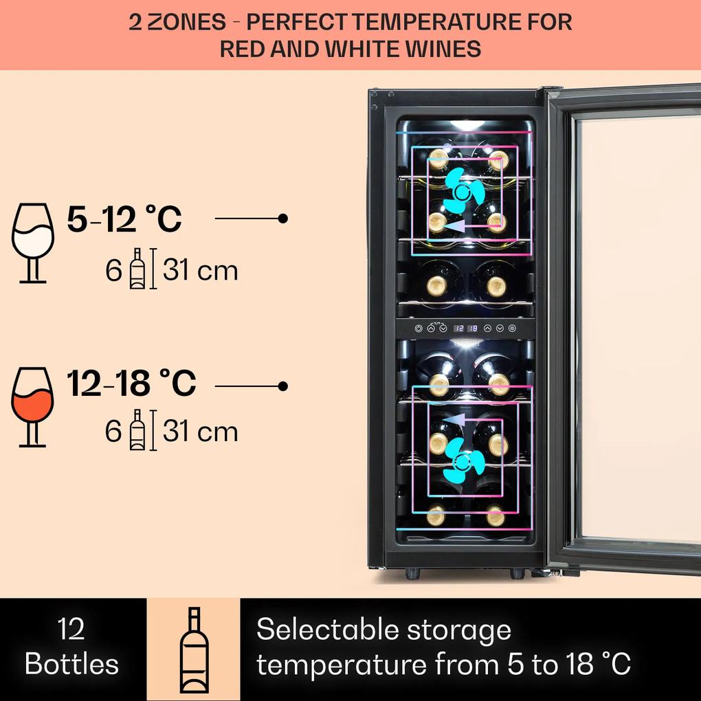 Shiraz 12 Duo, vinotéka, 42 l, 12 fliaš, 2 zóny 5-12 / 12-18°C, dotykové ovládanie