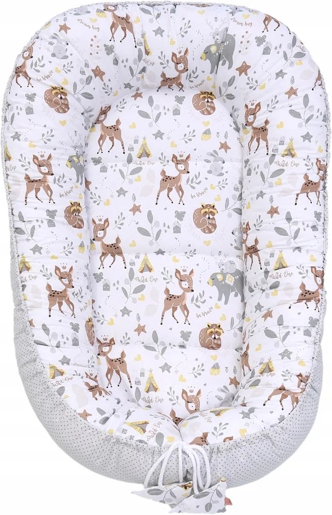 Obojstranné hniezdočko (kokon) pre bábätko - BABYMAM PREMIUM set 7v1 - Srnček a priatelia so šedou minky