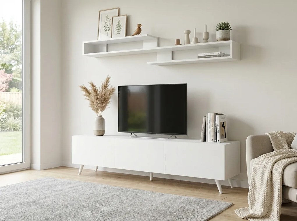 TV stolík MIYA 150 cm s nástennou policou, biely
