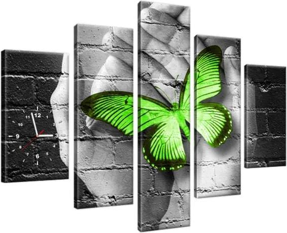 Obraz s hodinami Zelený motýľ v dlaniach 150x105cm ZP2362A_5H