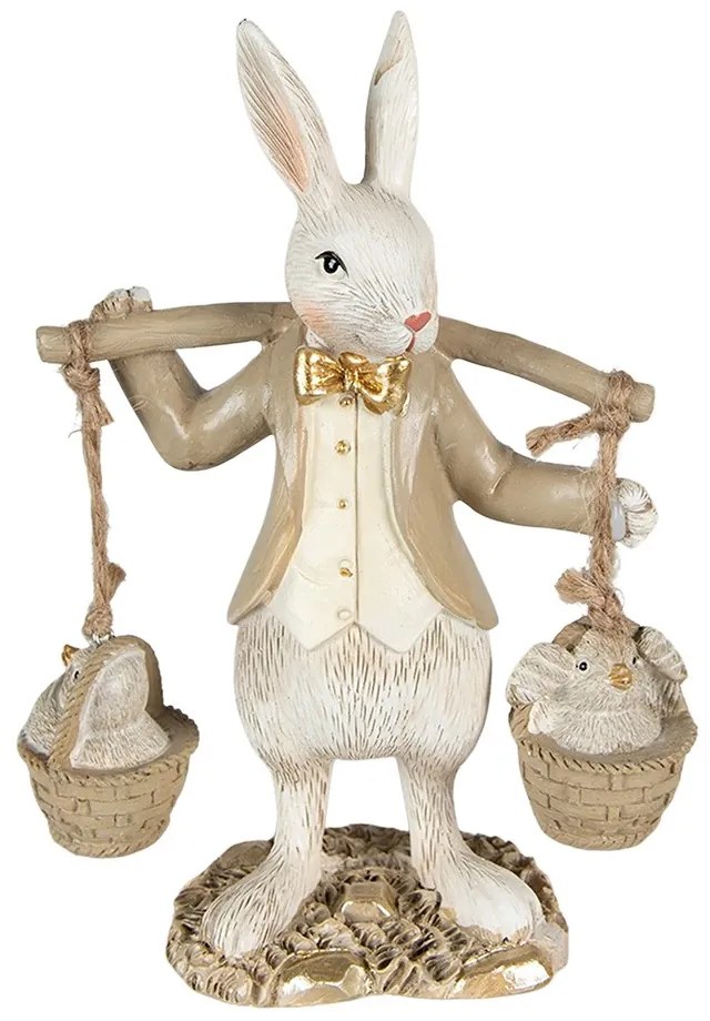 Béžová dekorácia socha králik s kuriatkami vo vedre - 12*6*17 cm