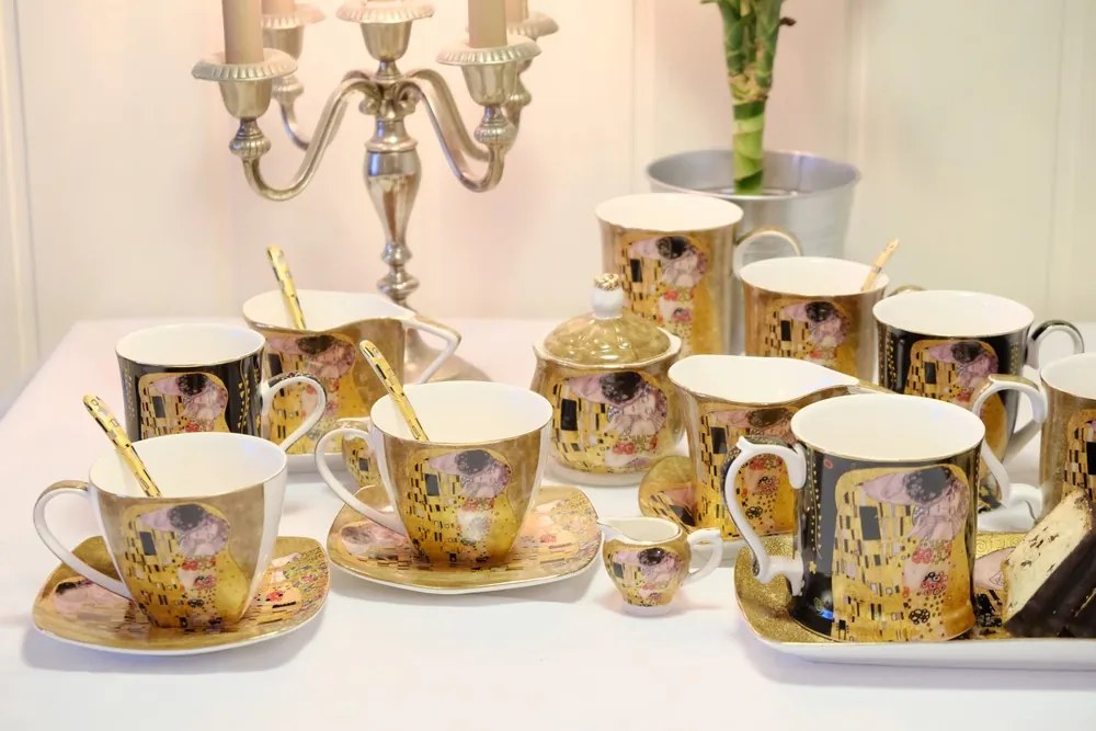HOME ELEMENTS Porcelánová šálka a podšálka 2 x 250 ml, Klimt Bozk, tmavý